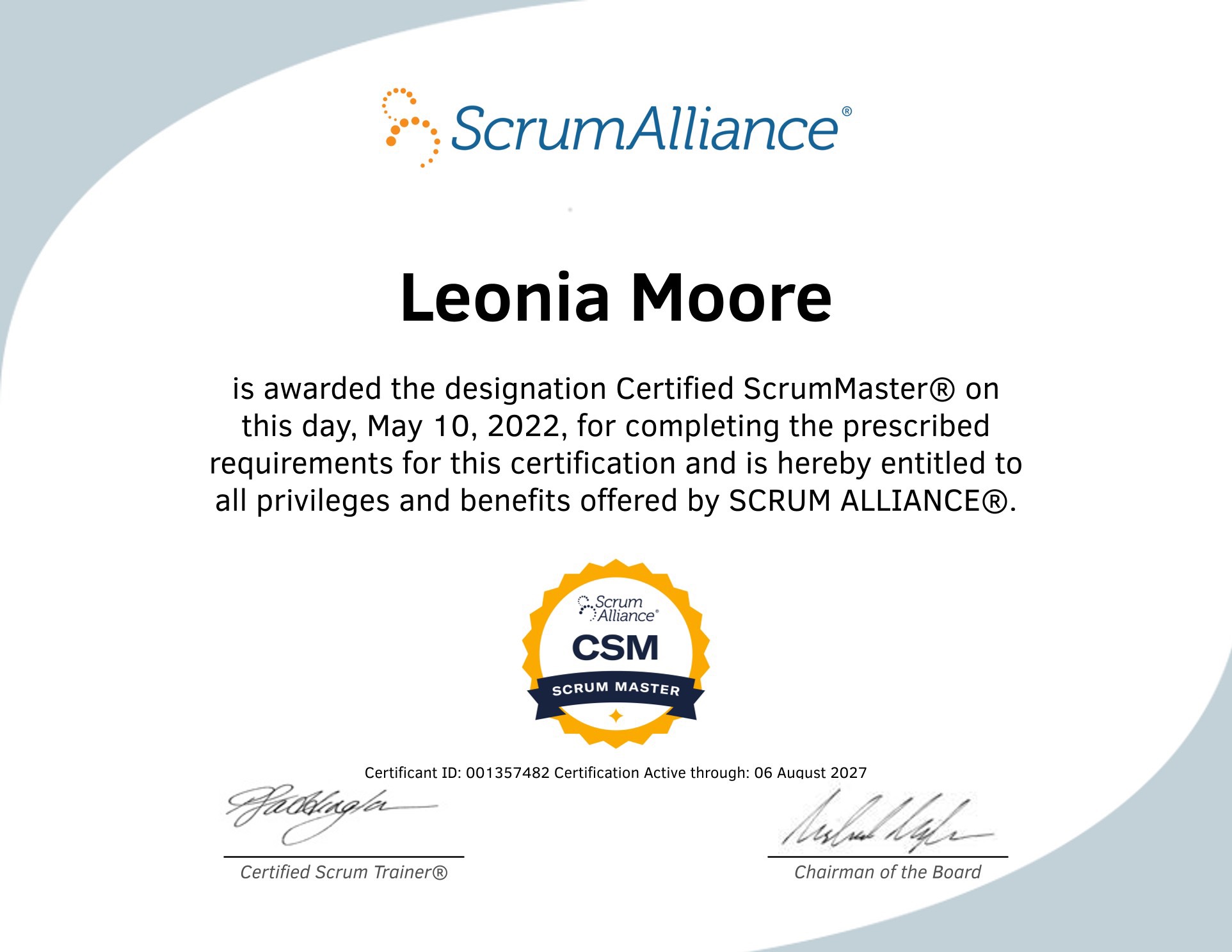 Scrum Alliance Certified ScrumMaster certificate awarded to Leonia Moore