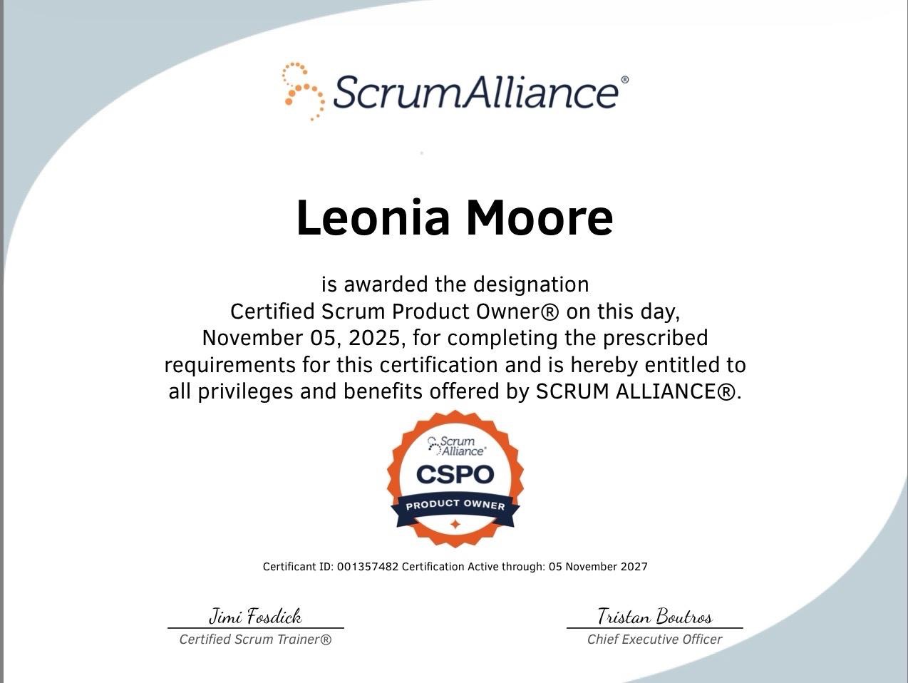 Scrum Alliance Certified Scrum Product Owner certificate awarded to Leonia Moore